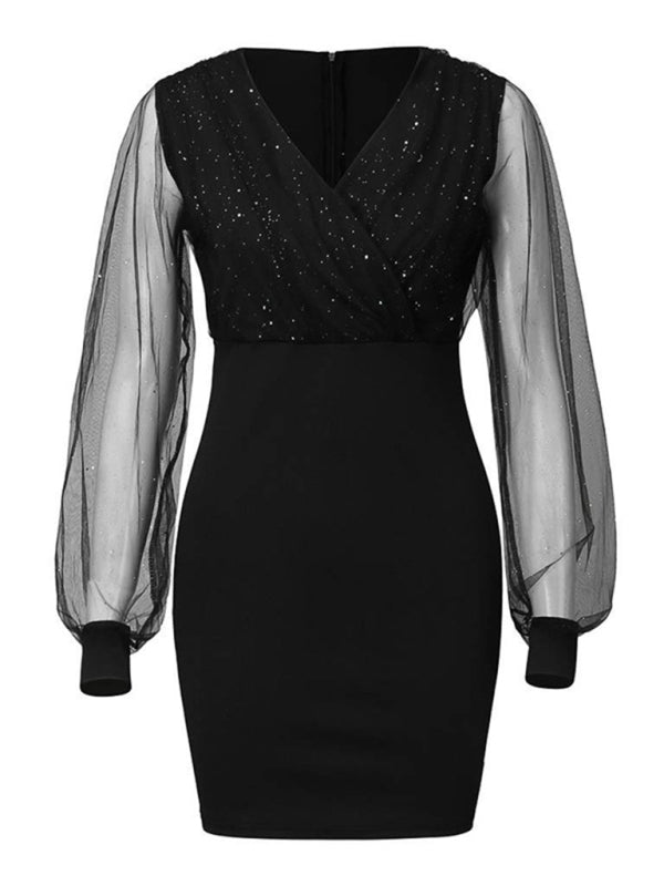 V-neck Sequined long-sleeved dress slim dress