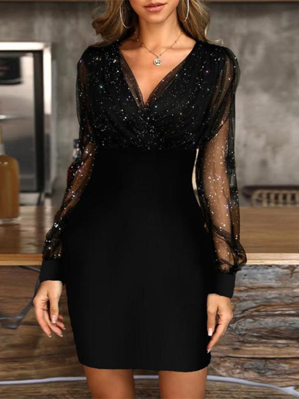 V-neck Sequined long-sleeved dress slim dress