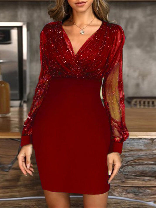 V-neck Sequined long-sleeved dress slim dress