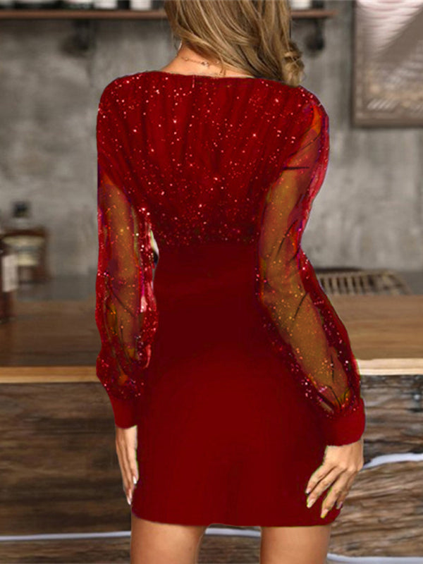 V-neck Sequined long-sleeved dress slim dress