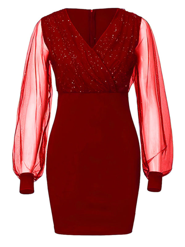 V-neck Sequined long-sleeved dress slim dress