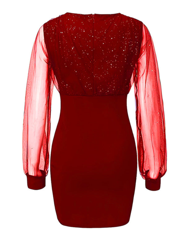 V-neck Sequined long-sleeved dress slim dress