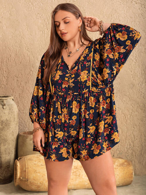 Floral Tie Neck Balloon Sleeve Romper