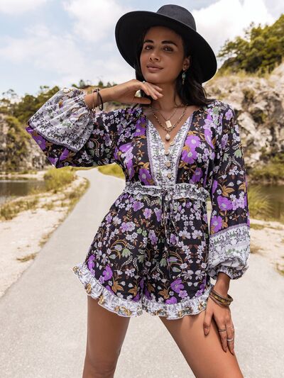 Western Frill Half Button Balloon Sleeve Romper