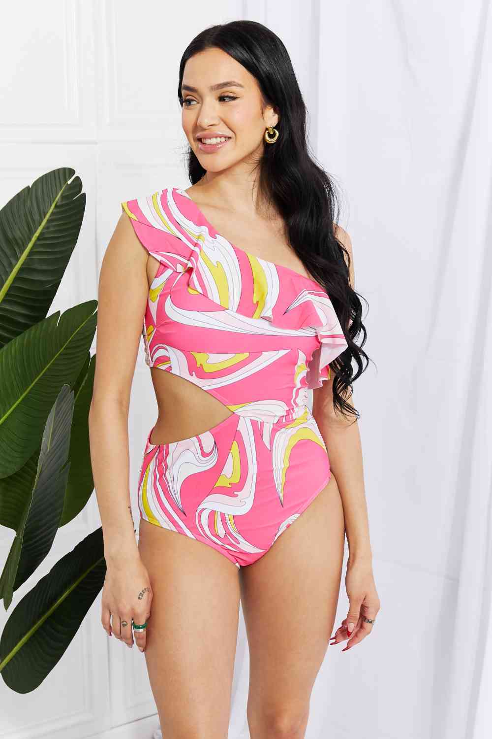 Marina West Asymmetric Cutout Ruffle Swimsuit