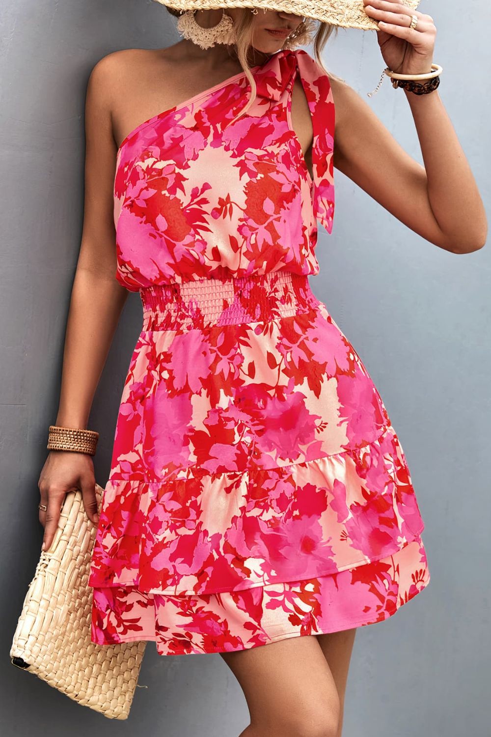 Tied Smocked Floral Single Shoulder Dress