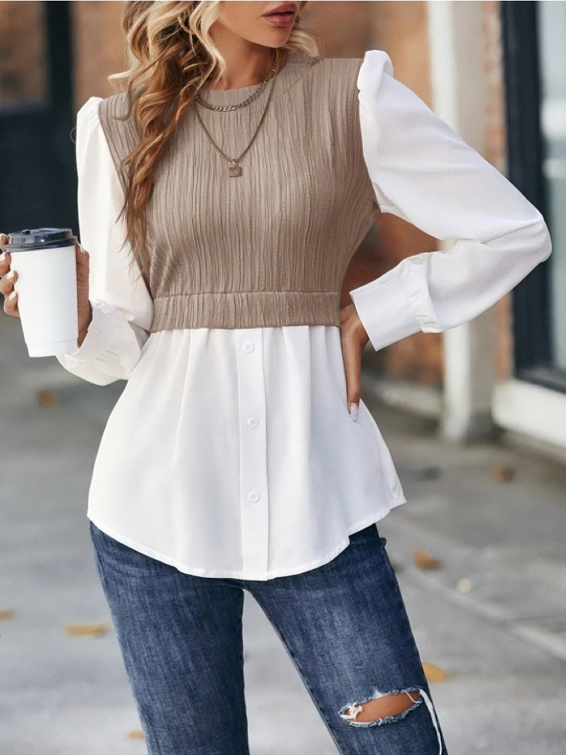 Round Neck Puff Sleeve Blouse