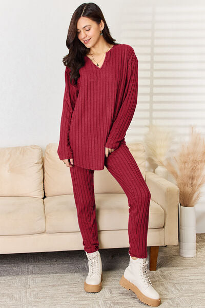 Basic Notched Long Sleeve Top and Pants Set