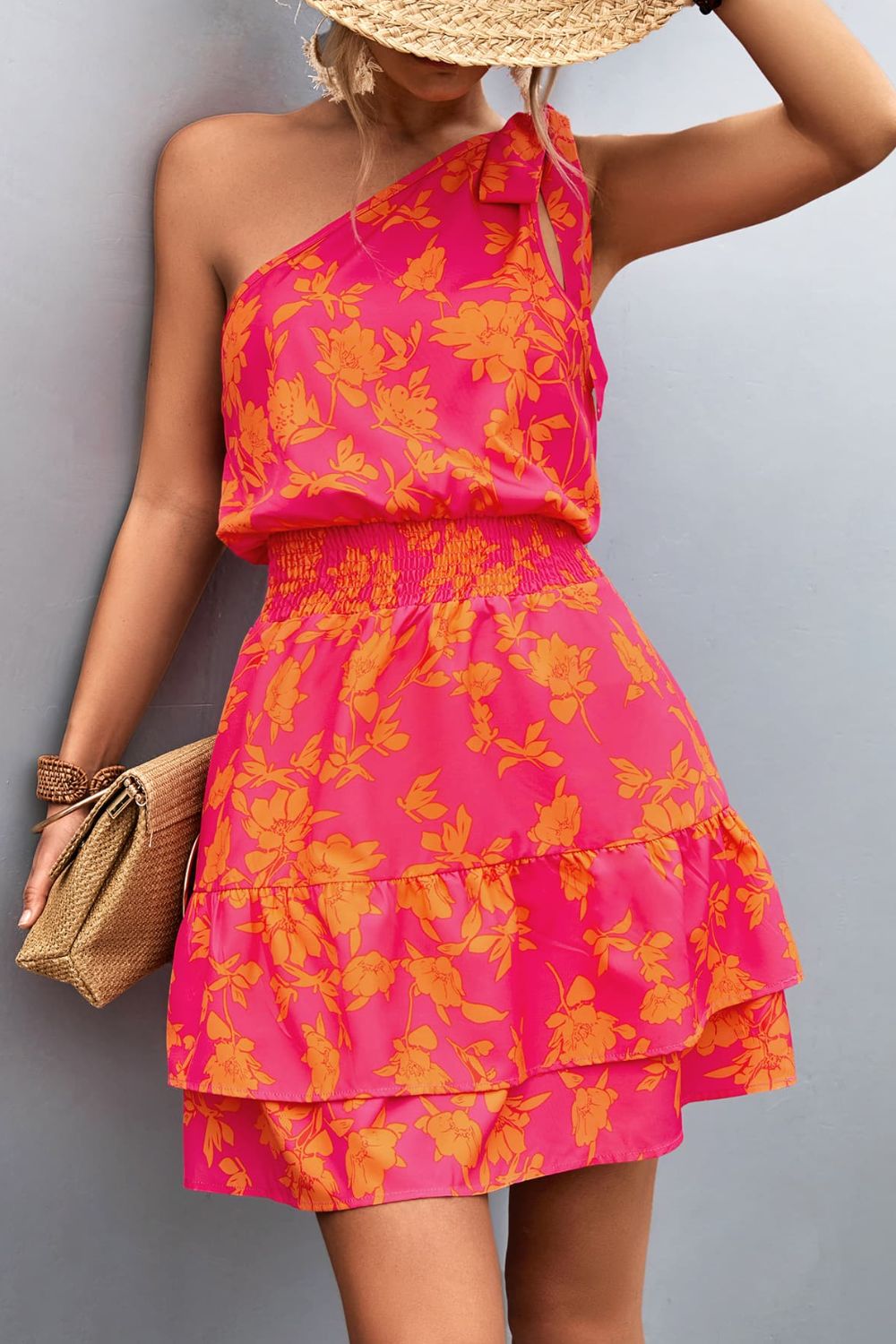 Tied Smocked Floral Single Shoulder Dress