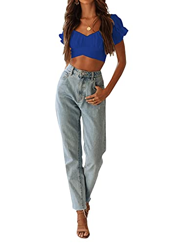 Women's Ruffle Short Sleeve Tie Up Back Crop Top