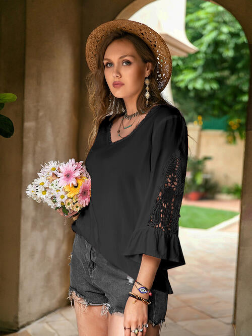 Flower Crochet Flare Sleeve Top