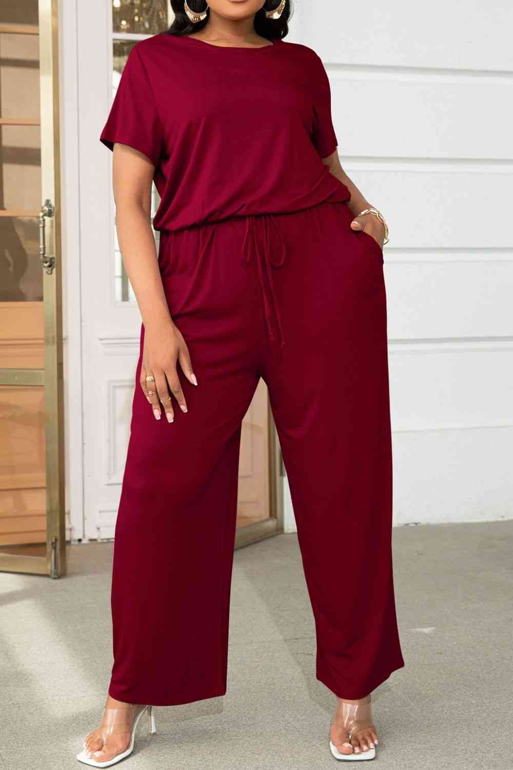 Drawstring Waist Short Sleeve Jumpsuit