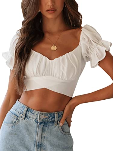 Women's Ruffle Short Sleeve Tie Up Back Crop Top