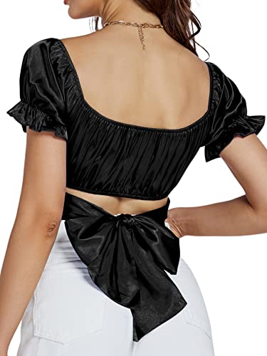 Women's Ruffle Short Sleeve Tie Up Back Crop Top