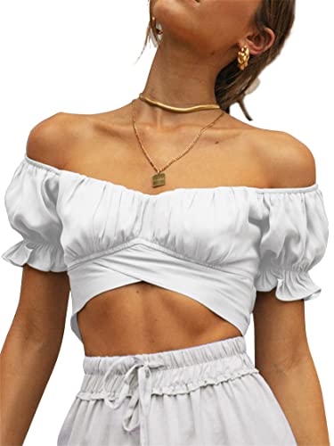 Women's Ruffle Short Sleeve Tie Up Back Crop Top