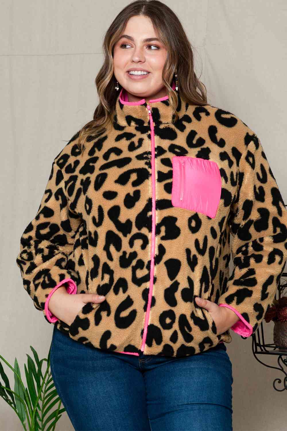 Leopard Zip Up Jacket with Pockets