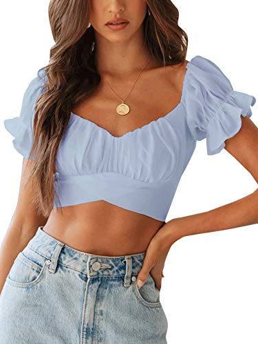 Women's Ruffle Short Sleeve Tie Up Back Crop Top