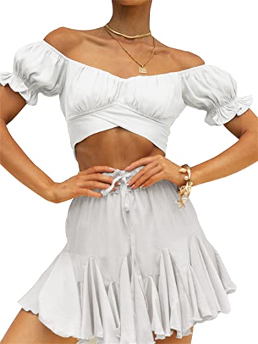 Women's Ruffle Short Sleeve Tie Up Back Crop Top