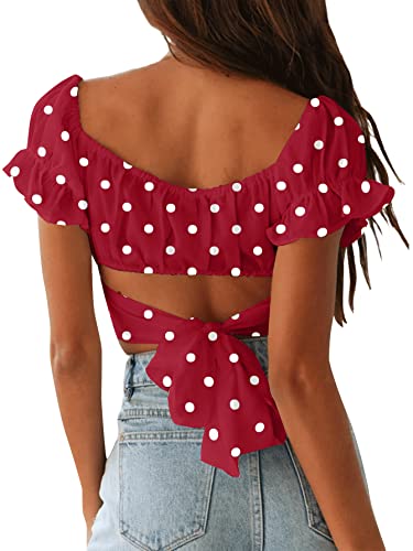 Women's Ruffle Short Sleeve Tie Up Back Crop Top