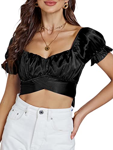 Women's Ruffle Short Sleeve Tie Up Back Crop Top