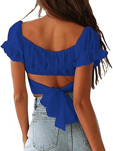 Women's Ruffle Short Sleeve Tie Up Back Crop Top