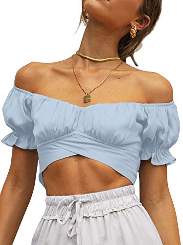 Women's Ruffle Short Sleeve Tie Up Back Crop Top