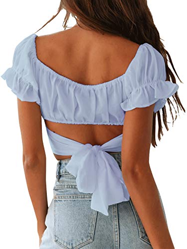 Women's Ruffle Short Sleeve Tie Up Back Crop Top