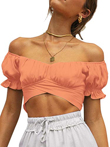 Women's Ruffle Short Sleeve Tie Up Back Crop Top