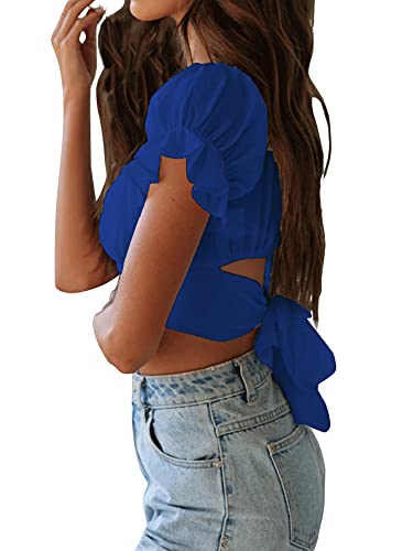 Women's Ruffle Short Sleeve Tie Up Back Crop Top