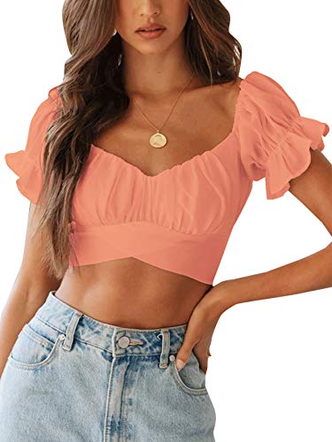 Women's Ruffle Short Sleeve Tie Up Back Crop Top