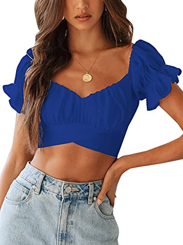 Women's Ruffle Short Sleeve Tie Up Back Crop Top