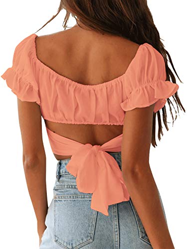 Women's Ruffle Short Sleeve Tie Up Back Crop Top