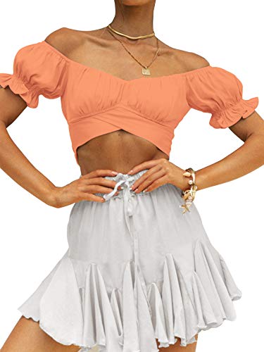 Women's Ruffle Short Sleeve Tie Up Back Crop Top