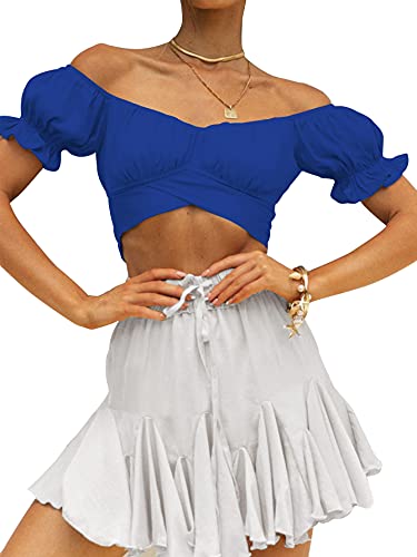 Women's Ruffle Short Sleeve Tie Up Back Crop Top