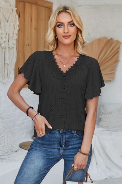 Eyelet Applique V-Neck Cap Sleeve T-Shirt