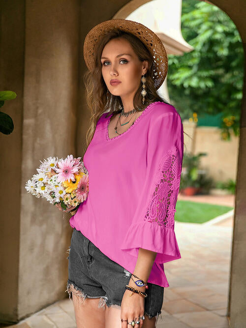 Flower Crochet Flare Sleeve Top