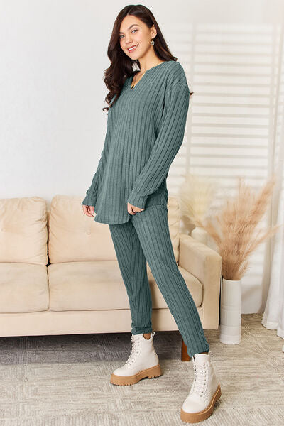 Basic Notched Long Sleeve Top and Pants Set