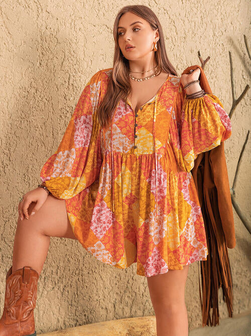 Floral Tie Neck Balloon Sleeve Romper