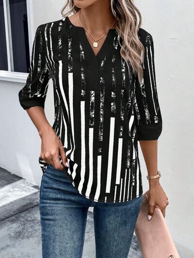 Striped Notched Half Sleeve Blouse