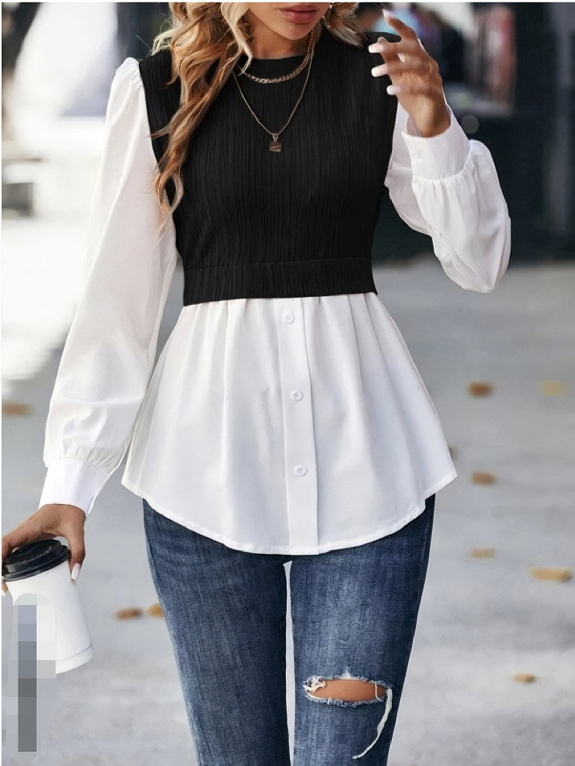 Round Neck Puff Sleeve Blouse