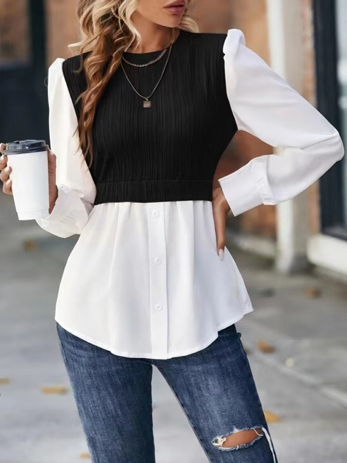 Round Neck Puff Sleeve Blouse