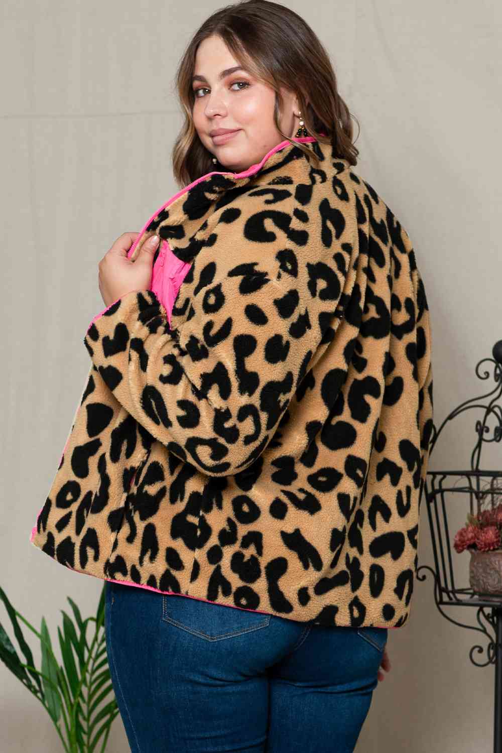 Leopard Zip Up Jacket with Pockets