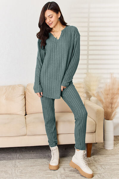 Basic Notched Long Sleeve Top and Pants Set