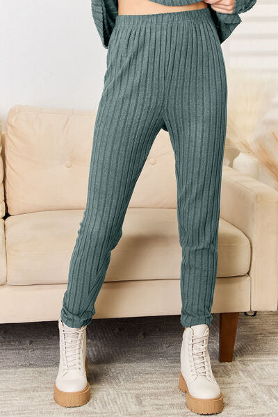 Basic Notched Long Sleeve Top and Pants Set