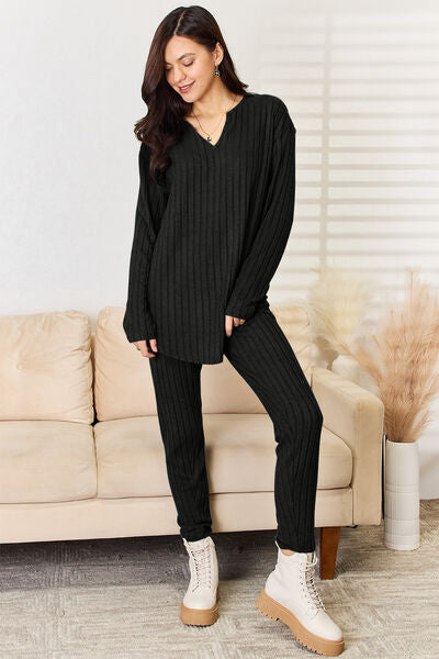 Basic Notched Long Sleeve Top and Pants Set