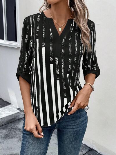 Striped Notched Half Sleeve Blouse