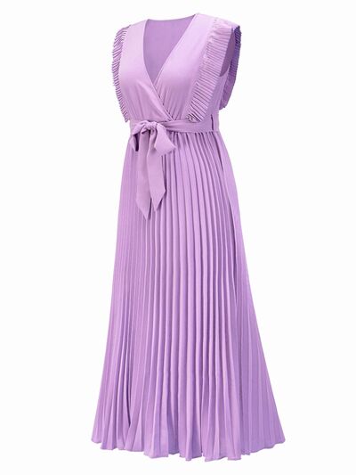 Tied Surplice Cap Sleeve Pleated Dress