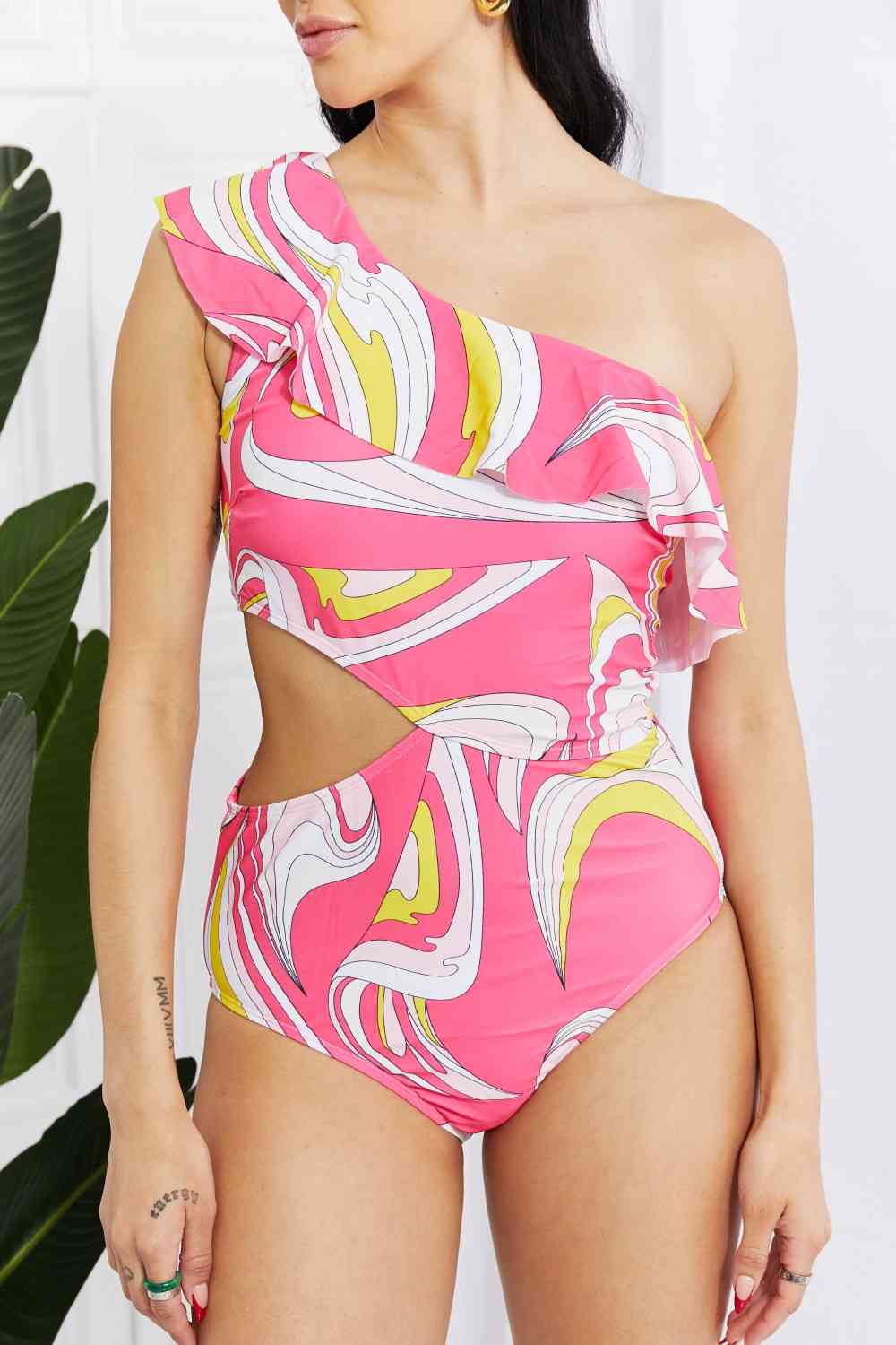 Marina West Asymmetric Cutout Ruffle Swimsuit