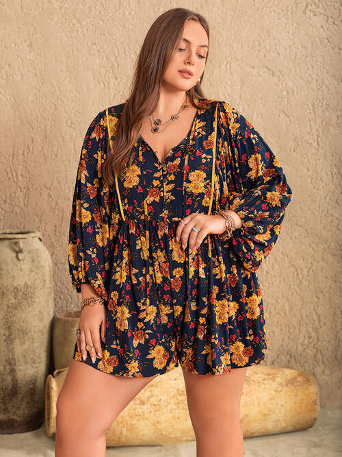 Floral Tie Neck Balloon Sleeve Romper