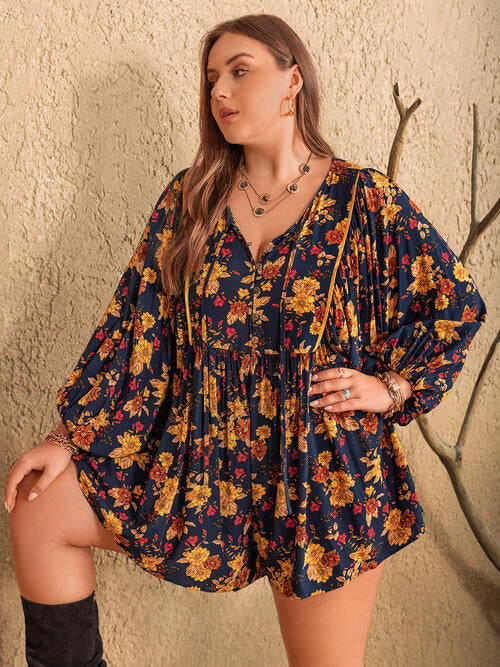 Floral Tie Neck Balloon Sleeve Romper